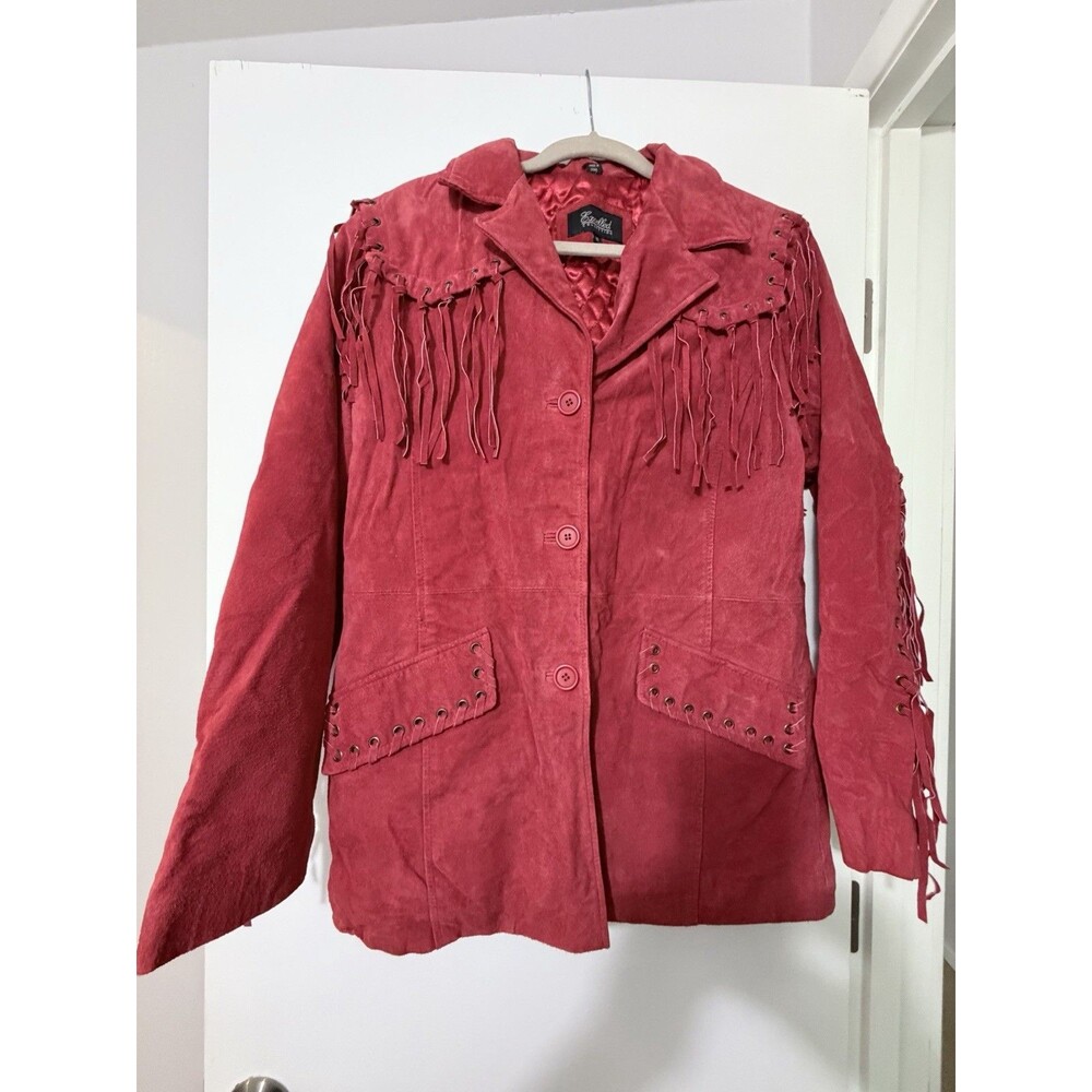 Vintage Excelled Red Suede Leather Fringe Cowgirl Western Jacket Size M Festival
